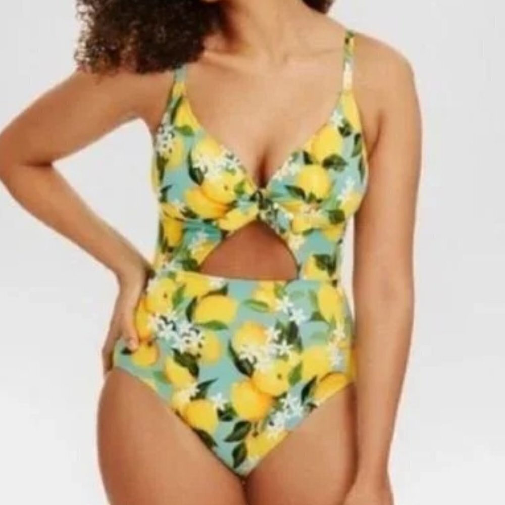 Yellow Lemon Print Cutout One-Piece Swimsuit